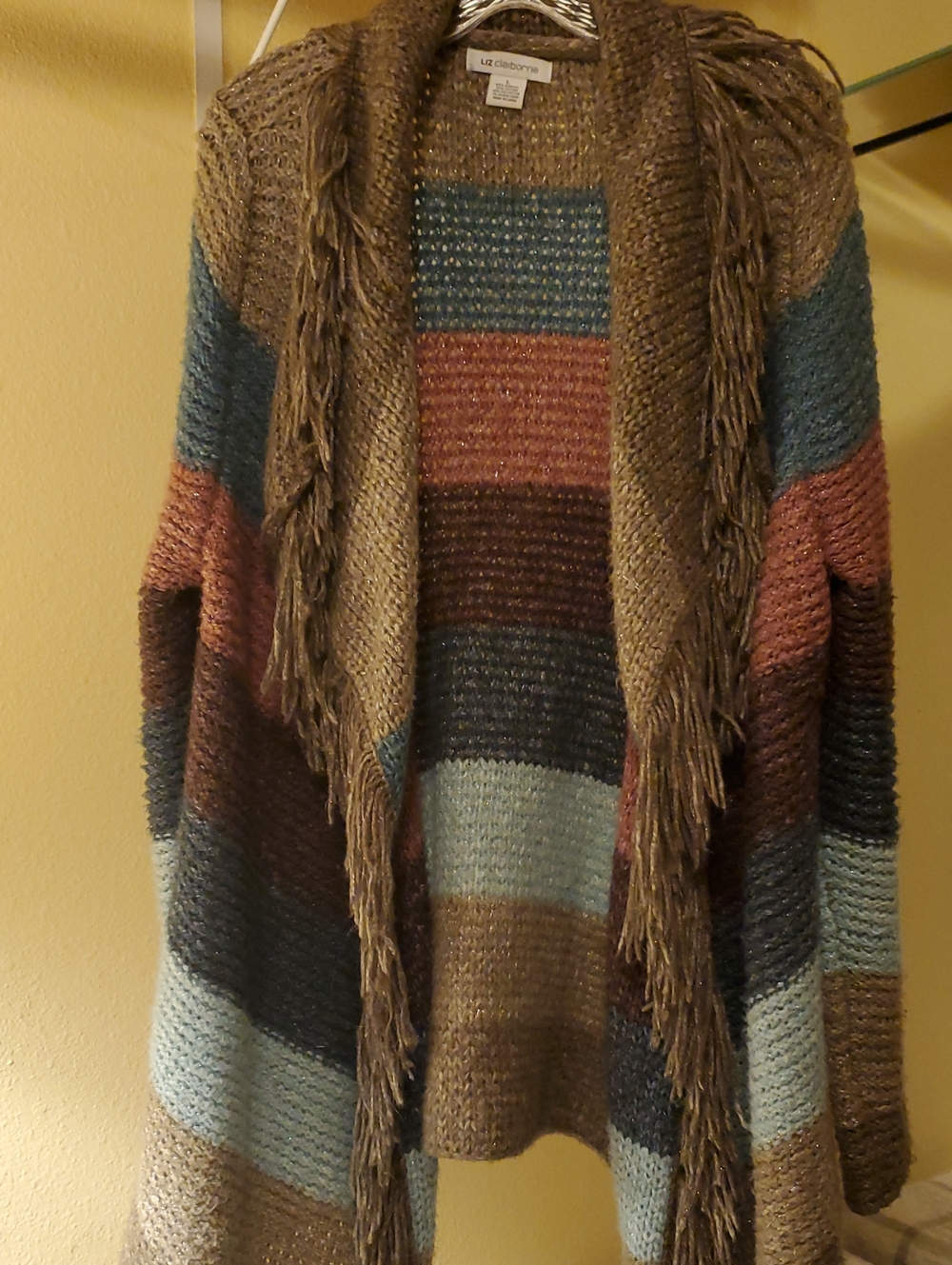 Liz Claiborne Brown Blue Multi-Stripe Fringed Open Cardigan Sz Lrg